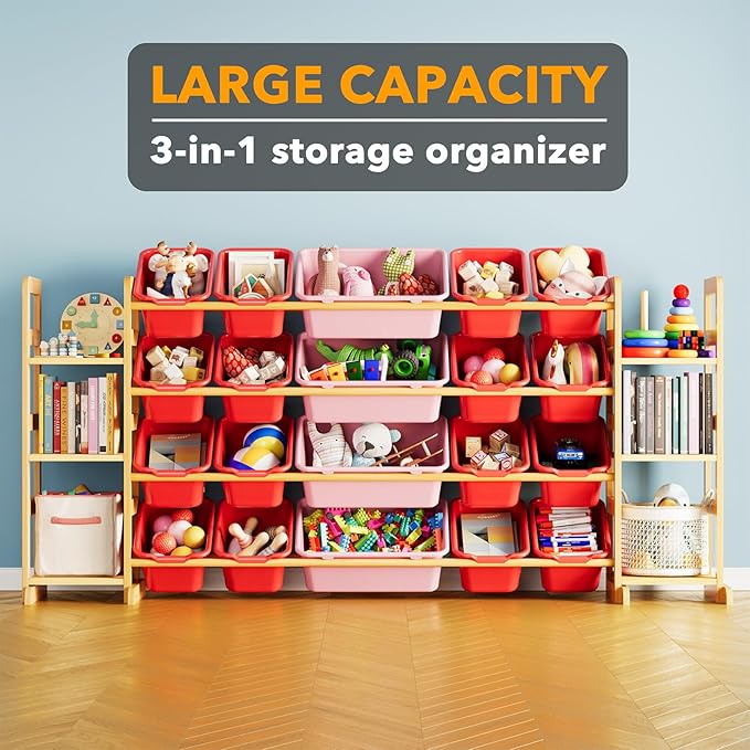 SpaceAid Toy Storage Organizer with 6 Shelves and 20 Bins, Toy Organizers Storage Bookshelf, Kids Bin Shelf Toys Box Bookcase for Bedroom Playroom Organization Room Decor, Red and Pink
