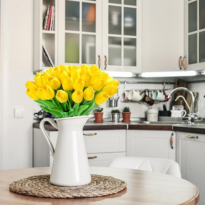 20pcs Yellow Tulips Artificial Flowers Fake Silk Tulips Real Touch Flowers for Spring Kitchen Wedding Home Decor Arrangements Easter Decor 14 Inch