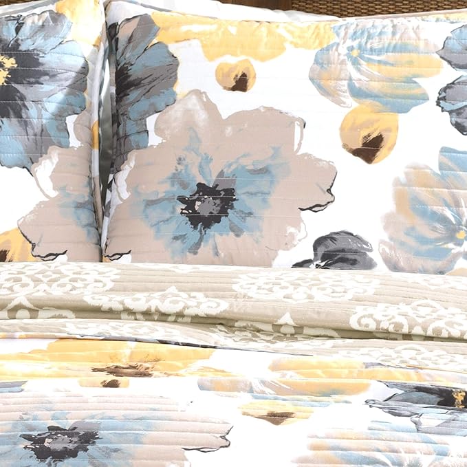 Lush Decor Leah Reversible Floral Quilt Set, 3 Piece Set, King, Yellow & Gray - Watercolor Botanical - Cottage Core - French Country Decor- Bedding Queen Size