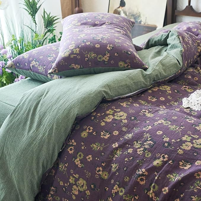 mixinni Vintage Floral Duvet Cover Queen Set - Purple & Green Reversible Jacquard, 100% Yarn-Dyed Double-Layer Cotton, Breathable Luxury Bedding (3-Piece, Includes 2 Pillowcases) Farmhouse & Bohemian