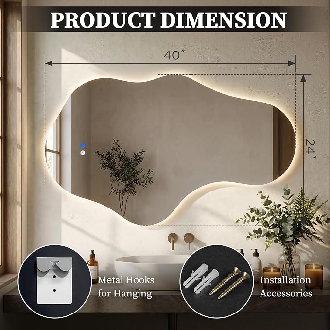Irregular LED Bathroom Mirror with Lights, Backlit Vanity Mirror for Wall, Asymmetrical Wall Mirror, 3 Color Dimmable Anti-Fog Smart, Decorative Mirror for Bathroom, Entryway(24″ x 40″, 1 Pack)