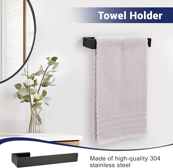 Matte Black Bathroom Hardware Set, 4-Piece Bath Towel Bar Set SUS304 Stainless Steel Towel Rack Set for Bathroom, 23.6 inches Bathroom Towel Holder Set Wall Mounted