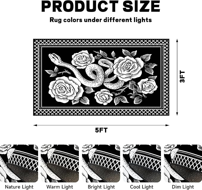 3'x5' Gothic Snake and Rose Area Rug Black and White Floral Vine Floor Mat Retro Boho Carpet Washable Low Pile Indoor Rugs for Entryway Bedroom Living Room Kitchen Home Decor