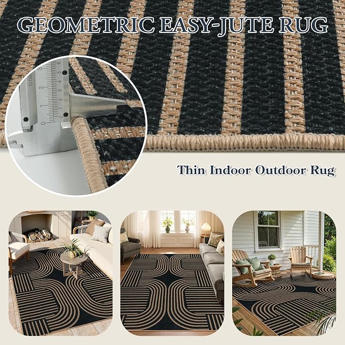 Lahome Enfys Modern Geometric Outdoor Easy Jute Rug, 5x7 Patio Living Room Rug Large Black Carpet for Bedroom, Farmhouse Washable Indoor Outdoor Carpet for Dining Room Backyard Deck