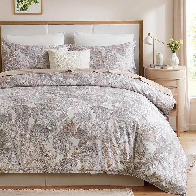 100% Cotton Duvet Cover King Size – Elegant Vintage Botanical Bedding Set with Zipper Closure, 3 Pieces Soft Breathable Neutral Floral Print Comforter Cover with 2 Pillowcases