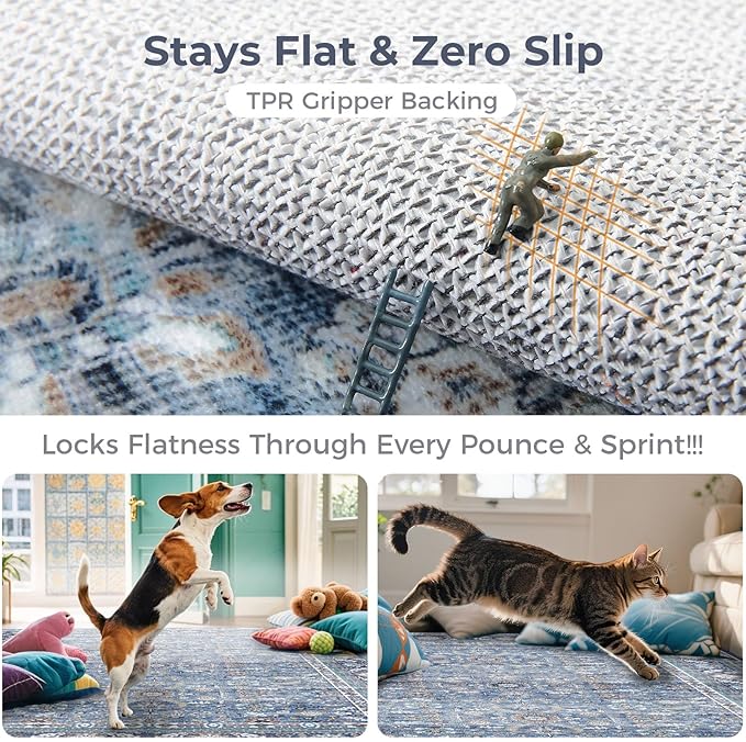 OPPODREAM Vintage Blue 2x6 Runner Rug, 2 x 6 Retro Washable Rug Non Slip, Low-Pile Faux Wool Carpet, Distressed Navy Floor Mat for Kitchen, Hallway, Entry-Way, Entrance, Indoor Back Door