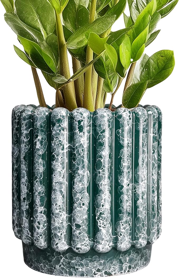 Ceramicfor Ceramic Flower Pots 7.6 Inch - Ceramic Planters for Indoor Outdoor Plants, Decorative Plant Pot with Drainage Hole, Round Fluted Planter, Home Room Decor, Housewarming Gifts, Green