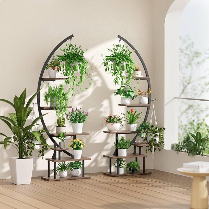 GREENSTELL Plant Stand Indoor with Grow Lights, 7-Tiered Tall Metal Plant Stand for Indoor Plants, Half-Moon Shape Display Shelf for Home,Living Room, Patio, Dark Brown (2 Pack)