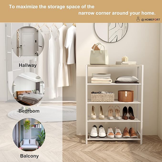 HOMEFORT 5-Tier Shoe Rack, Storage Shelf, Industrial Tower, Narrow Organizer for Closet Entryway, Small Table With Durable Metal Shelves, White Oak