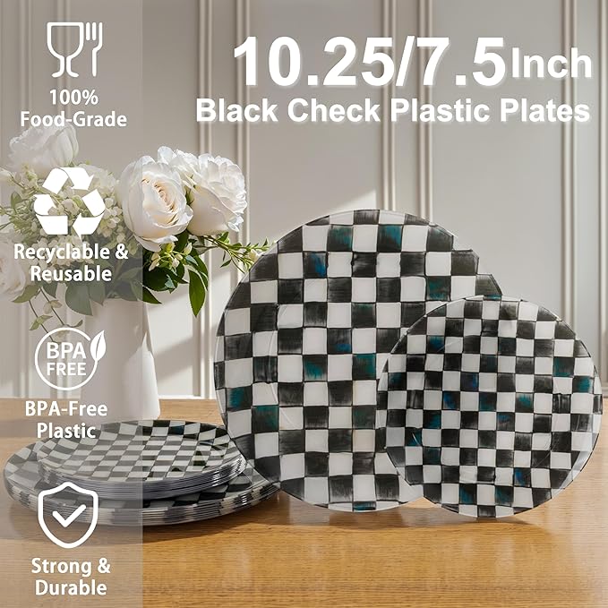U-QE 20PCS Black Plastic Plates for Party - Retro Checkered Plates Disposable Heavy Duty - Black and White Plate for Party, Birthdays - 10 10.25 Inch Dinner and 10 7.5 Inch Dessert Plate
