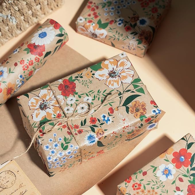 WRAPAHOLIC Kraft Floral Wrapping Paper Roll - Mini Roll - 17 Inch x 9.8 Feet - All Occasion Flower Wrapping Paper for Wedding Bridal Shower Birthday