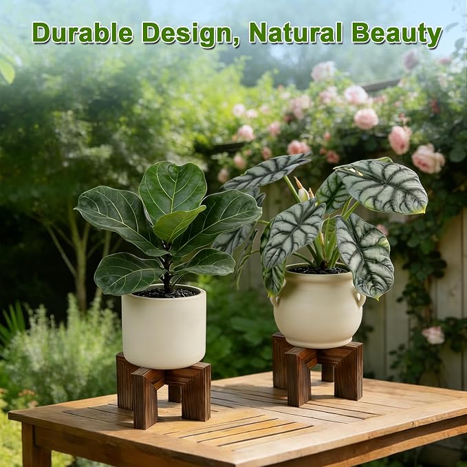 Wood Plant Stand Indoor Outdoor, Mid Century Modern Planter Holder, Sturdy Plant Pot Stand, Single Floor Flower Pot Holder (Walnut, Fit 2.5-6 Inch Pots)