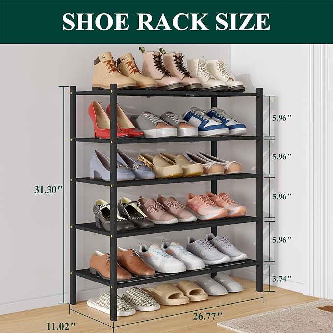 Smiry Bamboo Shoe Rack 5-Tier, Stackable Wooden Shoe Organizer for Entryway & Closet, Free Standing Wood Shoe Storage Shelf for Front Door & Small Spaces, Black