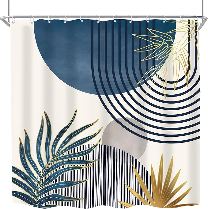KOMLLEX Mid Century Boho Shower Curtain for Bathroom Decor Abstract Modern Sun Minimalist Aesthetic Arch Curve Leaves Geometric Navy Blue Gray Neutral Fabric Waterproof Polyester 12 Hook 72Wx72L