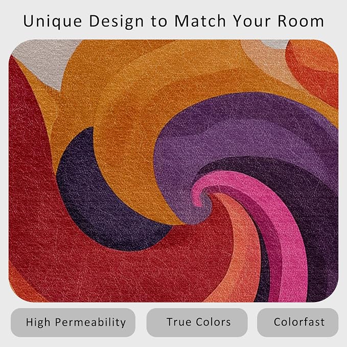 70s Rug 7x9 Retro Funky Hippie Psychedelic Swirl Pattern Area Rugs for Living Room, Bedroom, 70s Home Decor Accessories Indoor Carpet, Non Slip & Machine Washable, GD0400