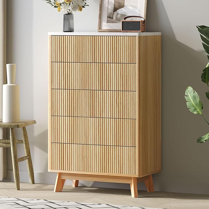 Fluted 5 Drawers Dresser for Bedroom, 47" Tall Handleless Chest of Drawers with Faux Marble Top, Curved Profile Design, Wood Drawer Organizerfor forLiving Room, Hallway, Entryway, Natural Oak