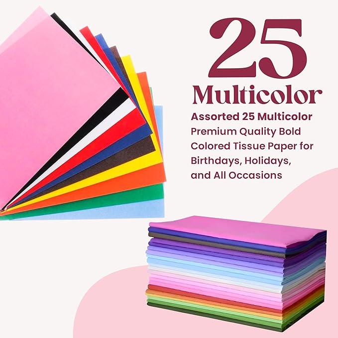Gift Tissue Paper for Gift Bags - Tissue Paper Bulk | 25 Assorted Colors 300 Sheets 20x26 Inch | Premium Quality Bold Colored for Crafts, Wrapping, Packaging, Birthday, Holiday, Christmas