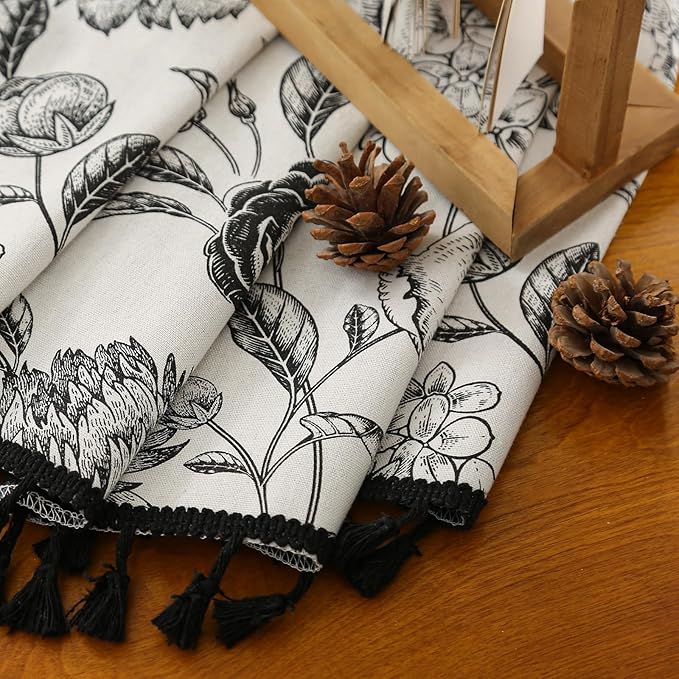 100% Blackout Black Floral Farmhouse Curtains Living Room Thermal Insulated Drapes Elegant Peony Pattern & Tassel Curtains 2 Panels Blocking Curtains for Windows Floral Drapes (52W*96L)