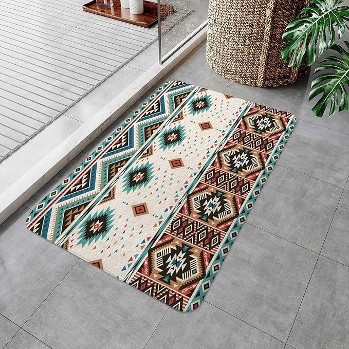 Aztec Bath Rugs for Bathroom,Southwestern Native Tribal Navajo American Ethnic Pattern Western Boho Triangular Non Slip Flannel Bathroom Rug, Dry Fast Water Absorbent Bath Mats, 17x29 Inc