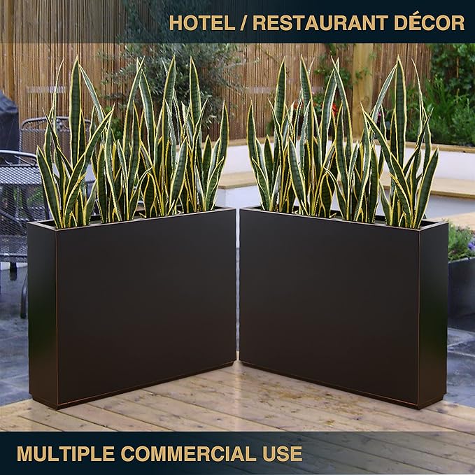 Wallowa Metallic Heavy Outdoor Planter Box, Span Planter, Pure Black with Hand Brushed Gold Rim, Long and Tall Divider Planter, No Assembly and Seamless, 38”Lx10”Wx30”H 48.8 Pounds