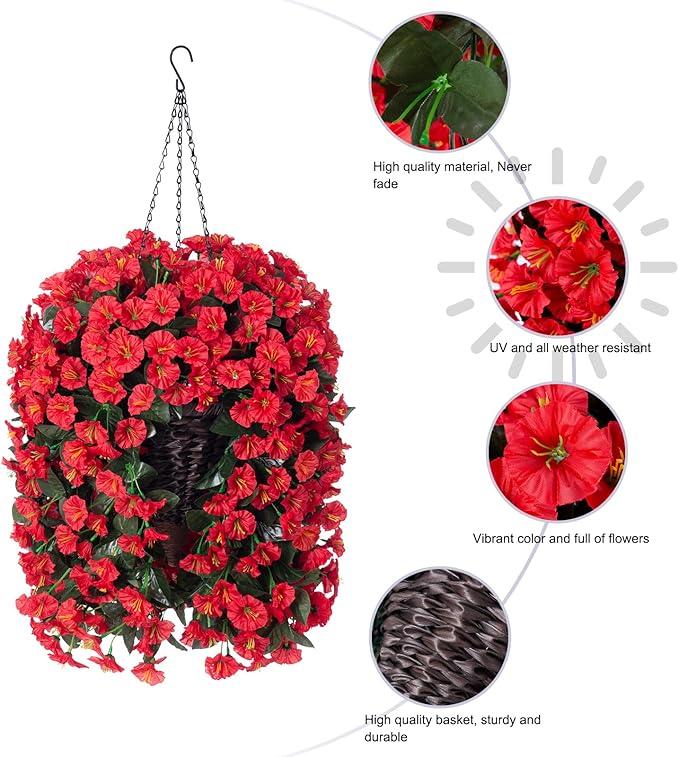 HyeFlora Artificial Fake Red Hanging Flowers Plants Baskets for Outdoor Winter Christmas, Faux Silk UV Resistant Look Real Morning Glory Vines for Outside Porch Patio Balcony Garden Yard Home Decor