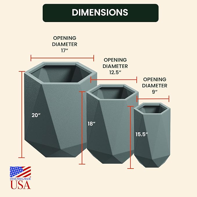 Beuta Large Planters for Outdoor Plants - Set of 3, 15.5/18/20 Inches Outdoor Planters for Porch - Tall Planter for Outdoor & Indoor Plants | Large Indoor Plant Pot - USA Made - Grey