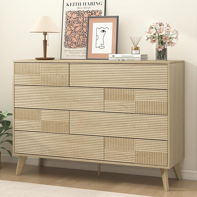 Hadulcet Wood Dressers for Bedroom 34” Tall, Large 8 Drawer Dresser TV Stand, Modern Chest of Drawers for Closet Clothes Storage Organizer with Fluted Panel, No Handles Design, Natural Oak