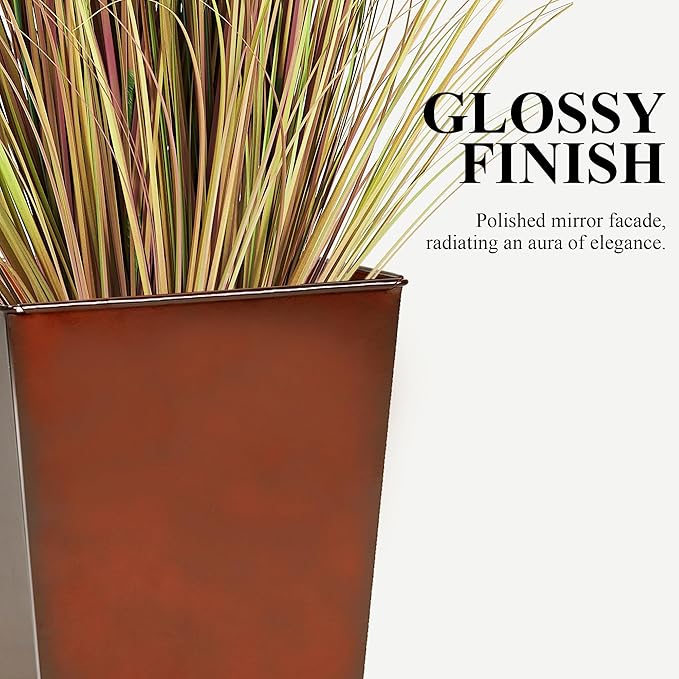 Worth Garden Large Metal Glazed Planter Set of 2 (25" + 28"), Luxurious Glossy Finish Red Tall Square Tapered Steel Plant Pot, Decor Flower Pot Indoor & Outdoor, Drainage Hole & Dual-Purpose Saucer