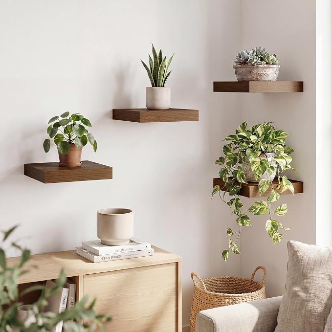 RICHFOCUS 8 Inch Floating Shelves for Wall Small Square Shelves Set for Bedroom|Kitchen|Bathroom|Laundry Room Rustic Wood Wall Mounted Shelf with Invisible Brackets for Books|Storage|Decor, Walnut