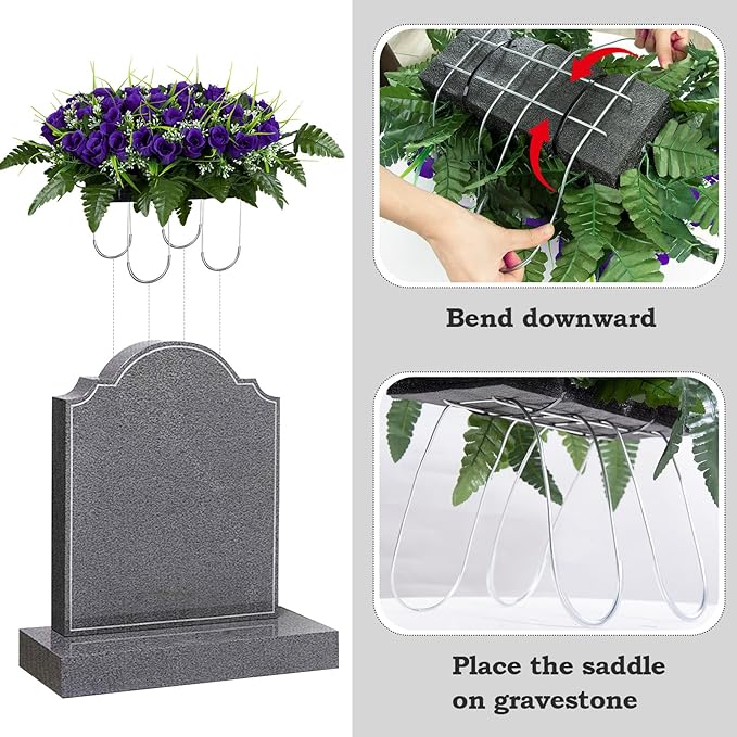 Artificial Cemetery Flowers Saddles, Artificial Memorial Rose Flowers, Outdoor Grave Saddle for Headstone Tombstone Decorations (Purple)
