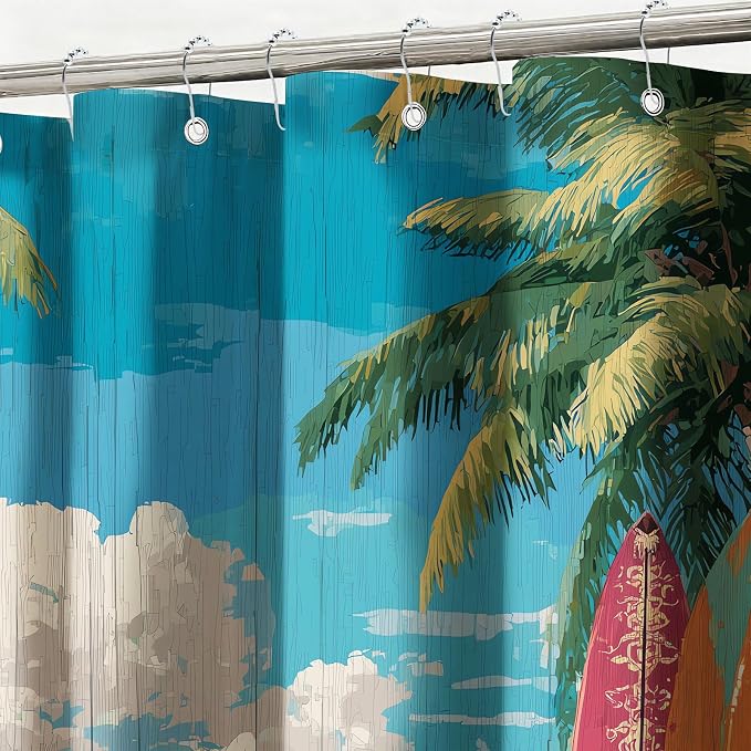 Coastal Surfboard Shower Curtain Tropical Palm Tree Shower Curtains for Bathroom Waterproof Fabric Bath Curtain Decor with Hooks