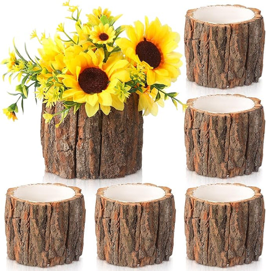 6 Pcs Wooden Vase for Centerpieces Christmas Table Decor Wooden Flower Vase Rustic Bark Stump Buckets Vintage Wood Planter Pots for Xmas Woodland Party Wedding Window Home Farmhouse (Large)