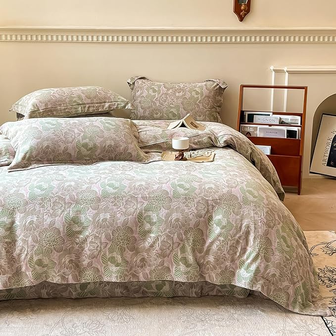 EAVD Vintage Style Pink Floral Duvet Cover Queen Soft 100% Cotton Muslin Yarn-Dyed Jacquard Textured Duvet Cover with Zipper Closure Linen Like Gauze Floral Bedding Set with 2 Pillowcases