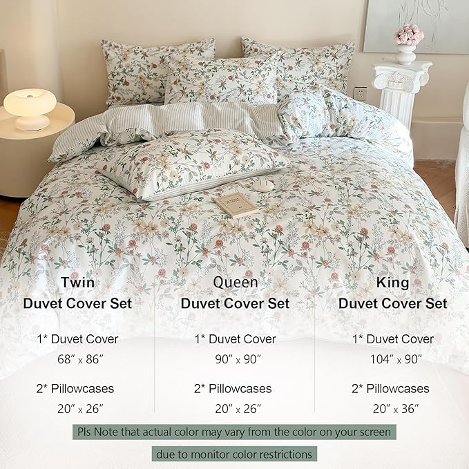 EAVD Garden Botanical Floral Duvet Cover Full White Soft 100% Cotton Flowers Leaves Pattern Bedding Set with 2 Pillowcases Reversible Black White Striped Comforter Cover with Zipper Closure