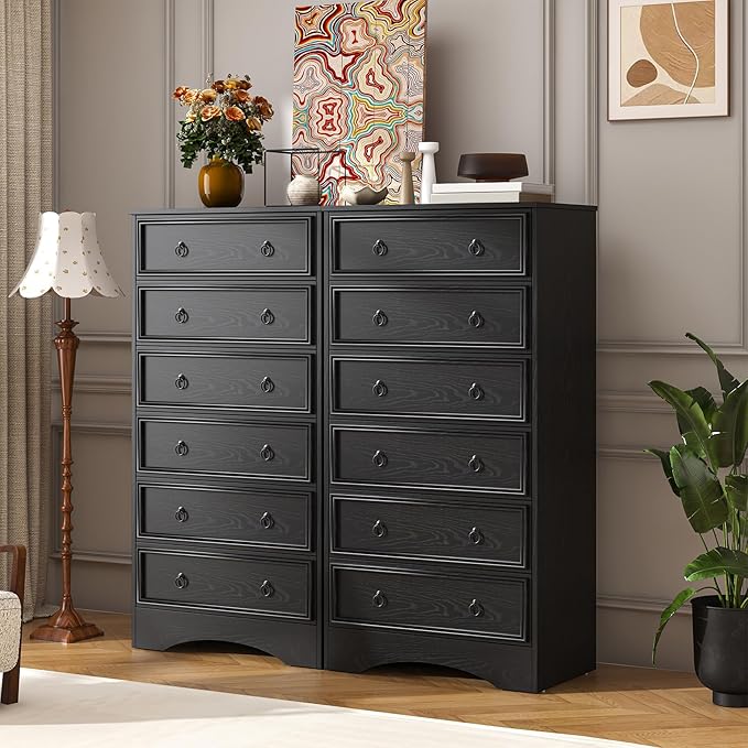 6 Drawer Dresser Tall, 52" Tall Black Dresser for Bedroom, Chest of Drawers, Large Storage Organizer for Clothes, Grey Vintage, for Living Room, Bedroom, Hallway