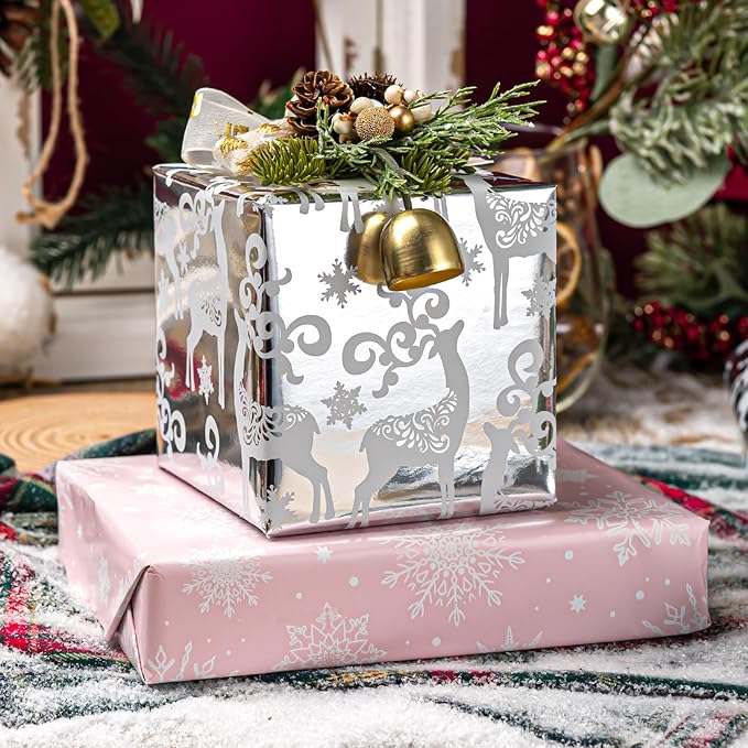 MAYPLUSS Christmas Wrapping Paper Roll - 17IN X 33FT - Santa Claus Gift Wrapping Paper Featuring Merry Christmas Snowflake Reversible HO for Kids, Holiday, New Year