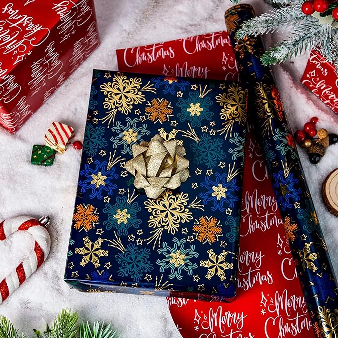 MAYPLUSS Christmas Wrapping Paper Roll - 17IN X 33FT - Green Gift Wrapping Paper Featuring Snowflake Against Dark Green Reversible Merry Christmas for Kids, Holiday, New Year