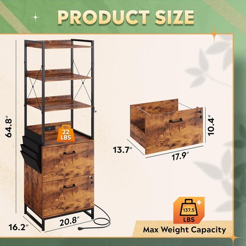 DEVAISE 2 Drawer File Cabinet - Lockable Design with Charging Station & Adjustable Shelf | Rustic Brown