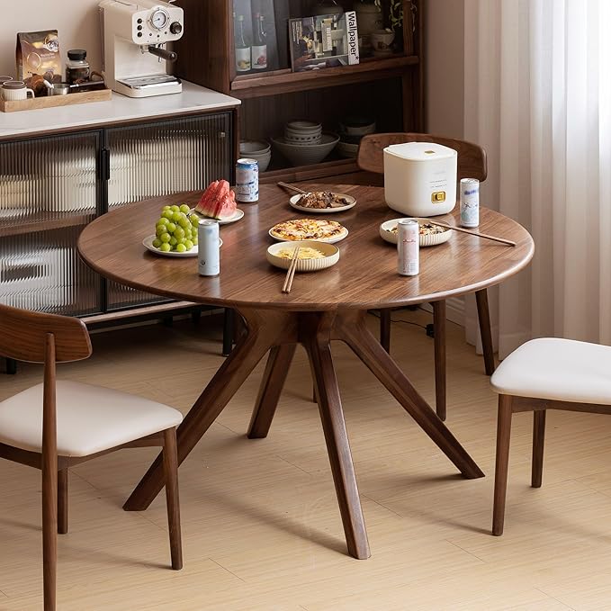 YESWOOD 43.3’’ Round Black Walnut Dining Table for 4-6, Solid Wood Kitchen Table with Intersecting Pedestal Base, Farmhouse Circle Table for Dining Room, Living Room