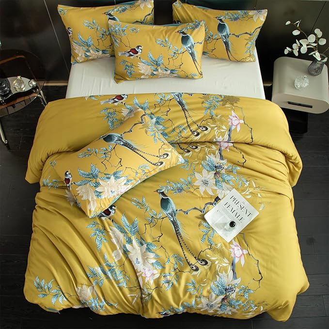 King Comforter Set Flowers 3 Pieces Soft 3D Bedding Comforter Tree Branches Flowers Birds Print Botanical Comforter Set for All Seasons 1 Comforter and 2 Pillowcases (Birds, King)