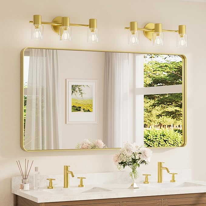 TETOTE 55 x 30 Inch Bathroom Mirror, Brushed Gold Metal Framed Wall Mounted Mirrors, Brushed Brass Rectangle Modern Decorative Vanity Mirror (Horizontal/Vertical)