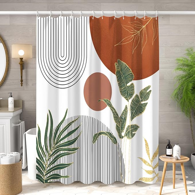 Mid Century Boho Shower Curtain, Abstract Modern Sun Minimalist Aesthetic Shower Curtain, Bohemian Geometric Arch Curve Leaves Neutral Art Fabric Bathroom Curtains Orange 72x78 inch