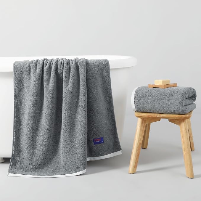 REDKISS 2 Pack Cotton Bath Towels, Soft Absorbent 600 GSM, 27x54 Inch | Quick Dry | Reinforced Stitching | Modern Contrast Border Design | Machine Washable | Bathroom, Gym|Spa & Guest Use | Gray