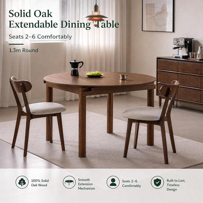YESWOOD 33.5''-51.2'' Extendable Round Dining Table for 4-8, 100% Solid Oak Expandable Kitchen Table with Removable Leaves, Modern Wood Space Saving Dinner Table for Dining Room, Living Room, Walnut