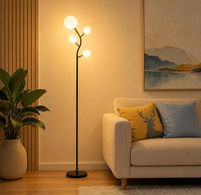 Fiqevs 4 Globe Floor Lamp for Living Room, Mid Century Modern Standing Lamp with 2700K LED Bulbs, Frosted Glass Shade Tall Lamp for Bedroom, Matt Black