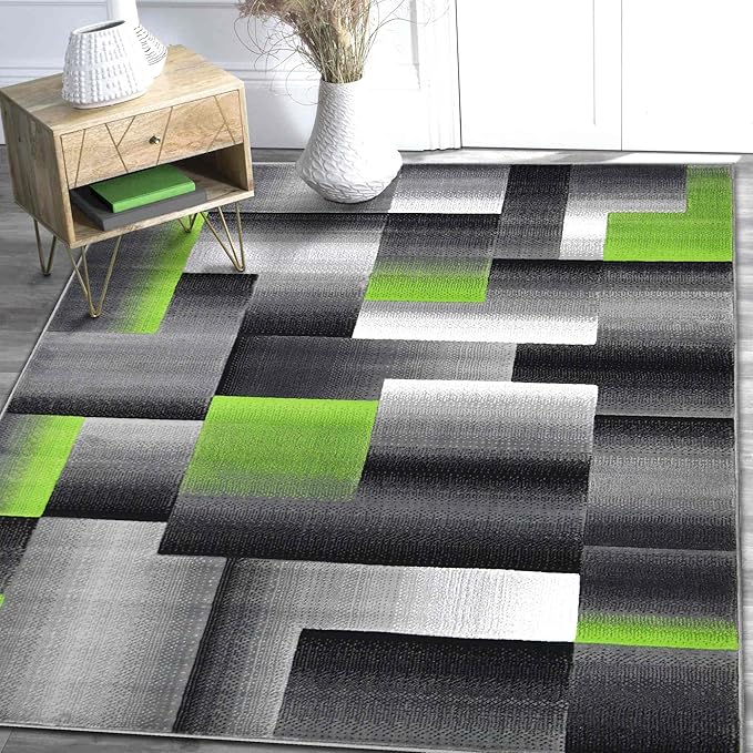 HR 8’ x 10’ Rug in Electric Green - Premium Quality Green/Black/Gray Abstract Geometric Modern Squares Pattern Area Rug - Contemporary Styling for Living Room, Bedroom - Unique Home Décor