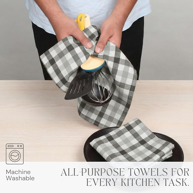 Checked Kitchen Towels 4 Pack, 18x26 Inches, Absorbent Dish Cloths, Reusable and Washable Tea Towels for Drying and Cleaning, Quick Dry Wash Rags - Light & Grey, Natural