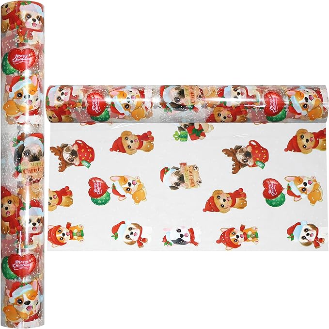AnapoliZ Christmas Cellophane Wrap Roll | 100’ Ft Long X 16” in. Wide | 2.3 Mil Crystal Clear Christmas Puppies Cellophane | Gifts, Baskets, Treats Cello Wrapping Paper | Christmas Puppies Cello Roll