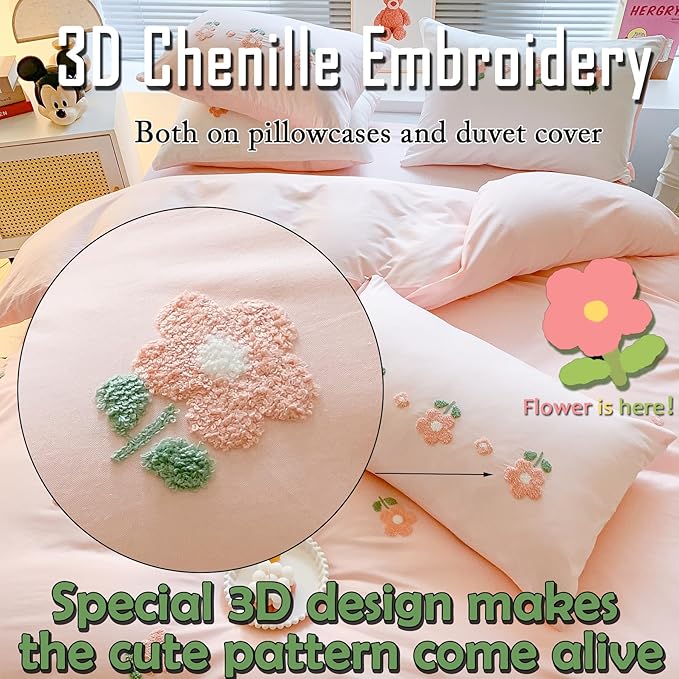 MorroMorn Cotton Duvet Cover Queen Size, 3D Embroidery Queen Bedding Sets Pink Bed Set, Cute Chenille Embroidered Comforter Covers Soft Breathable for Girls Boys Kids Teen (Flowers Pink, Full/Queen)