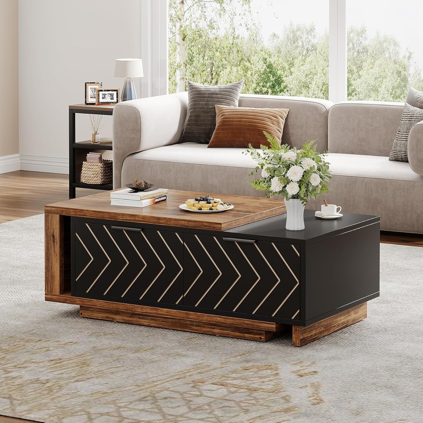 Tribesigns Extendable Coffee Table - Dual-Tone Design with 2 Storage Drawers | Multi-Functional Wooden Table (Brown & Black)